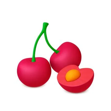 Cherry 3d elements. Isolated cherries render objects. Summer sweet vitamin berry Stock Illustration