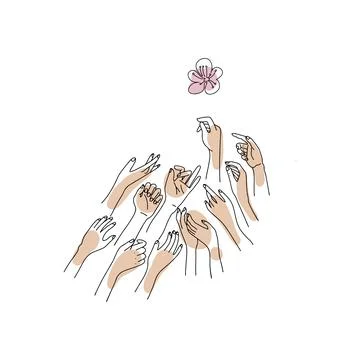 Cherry abstract flower over many female hand. Hand drawn line art style. Magic Ilustração Stock