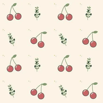 Cherry and olive decorative fruit repeat. Periodic seamless square tile with  Illustrazione stock