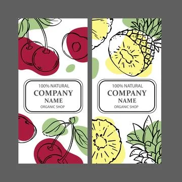 CHERRY AND PINEAPPLE Label Templates Vintage Sketch Vector Stock Illustration