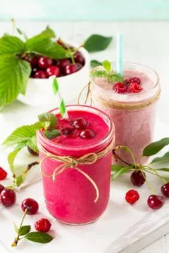 Cherry and raspberry fruit Yogurt smoothie or milk shake. Fotos Stock