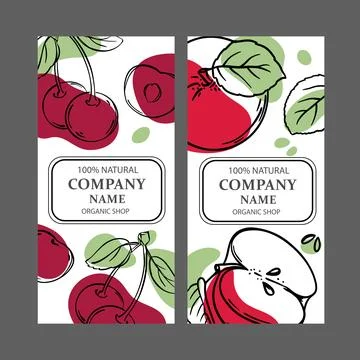 CHERRY AND RED APPLE Label Templates Vintage Sketch Vector Stock Illustration