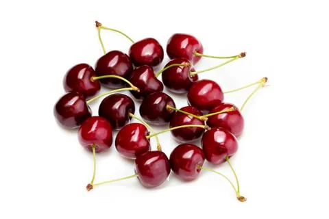 Cherry berries isolated on white background cutout.Top view Stock Photos