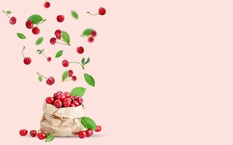 Cherry berries levitating on a pink background. Background with copy space. S Foto stock