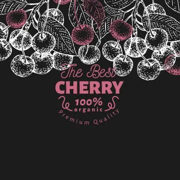Cherry berry design template. Hand drawn vector fruit illustration on chalk Stock Illustration