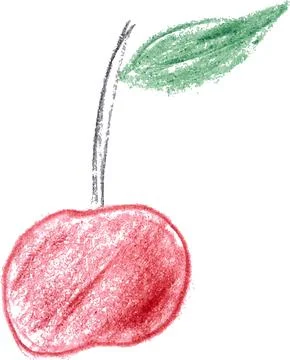 Cherry berry with green leaf drawn in red pencil on isolated background Stock Illustration