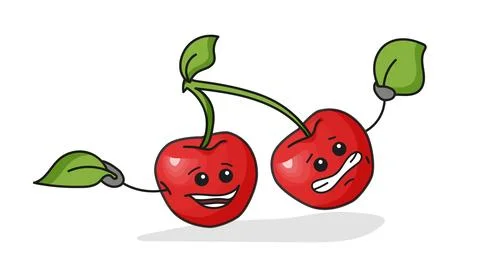 Cherry berry with leaf. Vector flat cartoon icon with emotions Stock Illustration