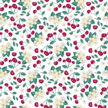 Cherry berry seamless pattern with leaves and flowers 스톡 일러스트