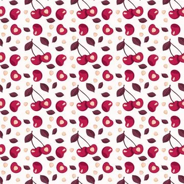 Cherry berry seamless pattern with leaves, print on pink background in Illustrazione stock