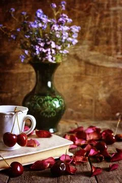 Cherry berry on wooden background retro Stock Photos