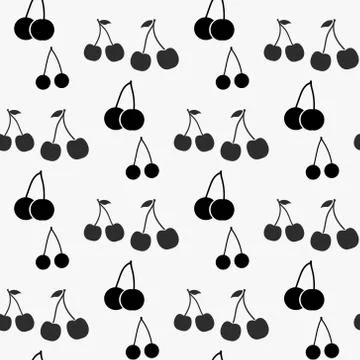 Cherry black simple silhouette vector seamless pattern. Black fruit stylish t Stock Illustration