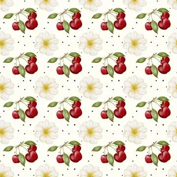 Cherry blossom and fruit pattern for textile and wrapping paper design Stock Illustration