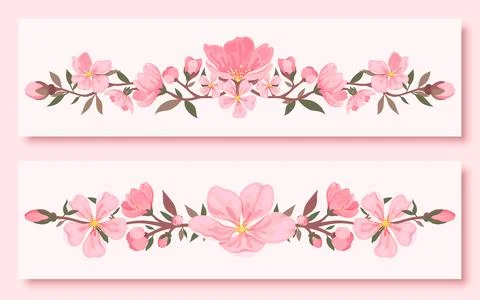 Cherry blossom bunch frame border corner flat set Stock Illustration