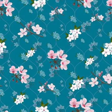 Cherry blossom flowers seamless pattern on blue Illustrazione stock