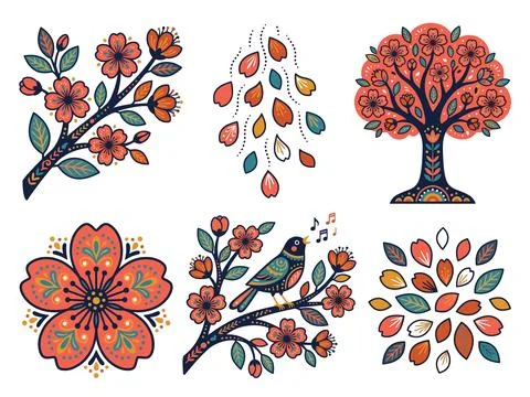 Cherry Blossom Folk Art Bundle Vector Illustration Illustrazione stock