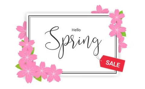 Cherry blossom frame or hello spring flowers frame design in vector Stock Illustration