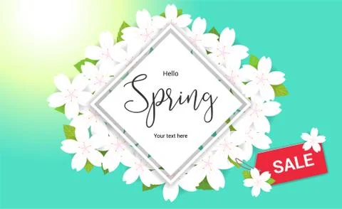 Cherry blossom frame or hello spring flowers frame design in vector Stock Illustration