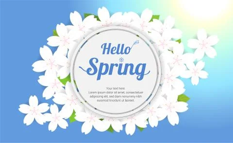 Cherry blossom frame or hello spring flowers frame design in vector Stock Illustration