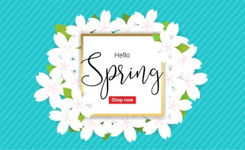 Cherry blossom frame or hello spring flowers frame design in vector Stock Illustration