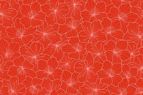 Cherry blossom line seamless pattern. Red Japanese line art flowers backgroun Stock Illustration