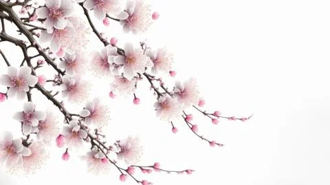 Cherry blossom or sakura tree branch on white copy space background Illustrazione stock