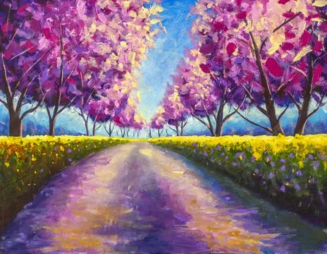 Cherry blossom path through beautiful garden landscape - sunny acrylic painti Illustrazione stock