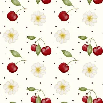 Cherry blossom pattern with red cherries and flowers on light background fo.. Stock Illustration