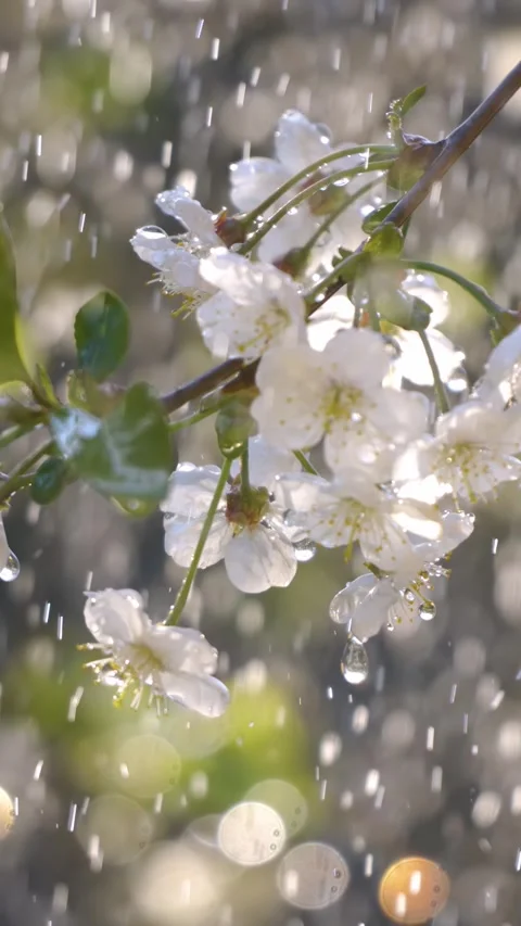 Cherry blossom period. Drops of spring rain fall on a cherry blossom. Shot .. Stock Footage 346393528