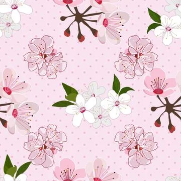 Cherry blossom repeat pattern on polka dots background Illustrazione stock