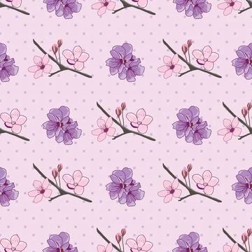 Cherry blossom repeat pattern on polka dots background Stock Illustration