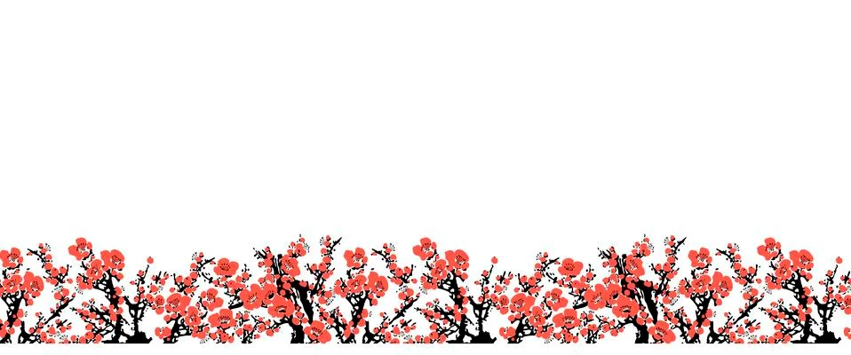 Cherry blossom seamless border pattern with hand drawn branch with pink cherry Stock Illustration