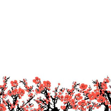Cherry blossom seamless border pattern with hand drawn branch with pink cherry Stock Illustration
