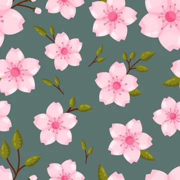 Cherry Blossom Seamless Pattern Dark Background Stock Illustration