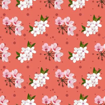 Cherry blossom seamless vector pattern on orange background Stock Illustration