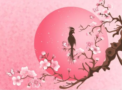 Cherry blossom tree with bird. Stock Illustration