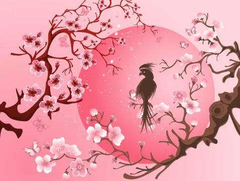 Cherry blossom tree with bird. Stock Illustration