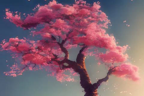 A cherry blossom tree in spring against a deep blue sky 库存插图
