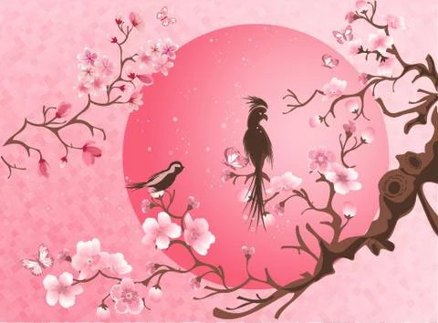 Cherry blossom tree with two bird. Stock Illustration