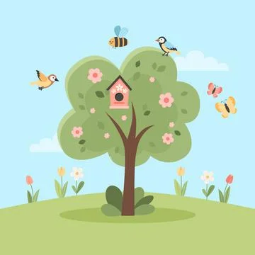 Cherry blossom tree, welcome spring card with cute elements. Hand drawn flat Illustrazione stock