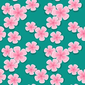 Cherry blossom, vector seamless pattern, pink flowers on a green background Stock Illustration
