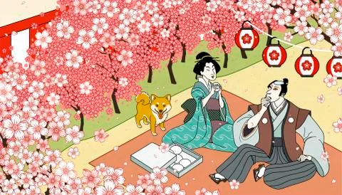 Cherry blossom viewing in ukiyo-e Stock Illustration
