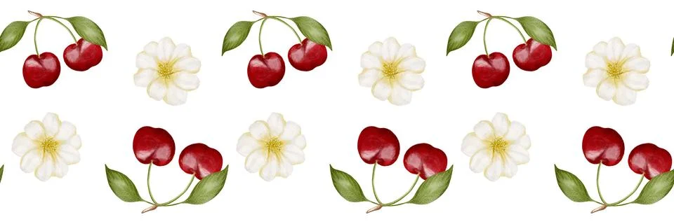 Cherry blossoms and fruit pattern for textile and packaging design Stock Illustration