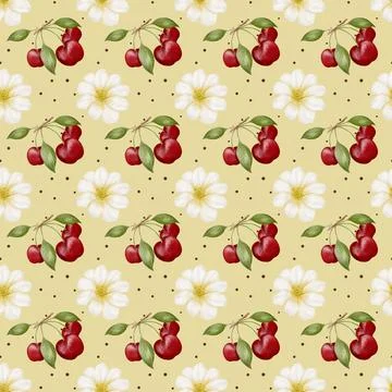 Cherry blossoms and fruit pattern design for textile and wrapping paper Stock Illustration