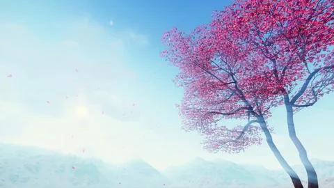 Cherry blossoms falling petals against sunny sky Stock Illustration
