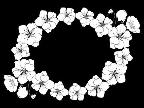 Cherry blossoms frame shaped like speech bubble. Floral wreath with place f.. Illustrazione stock