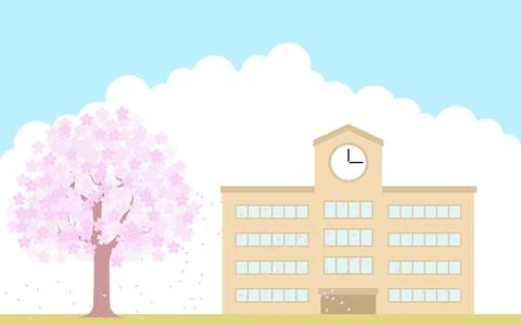 Cherry blossoms in full bloom and background illustration of the school building Stock Illustration