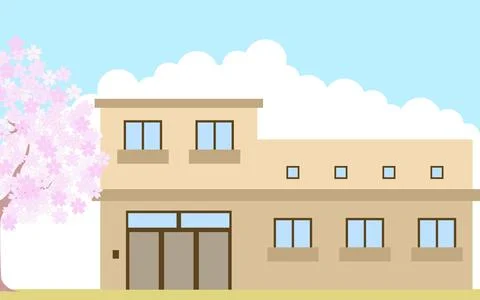 Cherry blossoms in full bloom and background material for group homes Stock Illustration