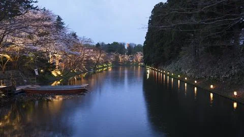 Cherry blossoms at night reflected in the water Stock Photos
