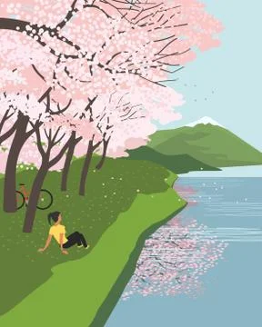 Cherry blossoms at river enjoy flat vector poster Stock Illustration