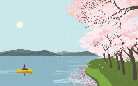 Cherry blossoms at river enjoy flat vector poster Stock Illustration